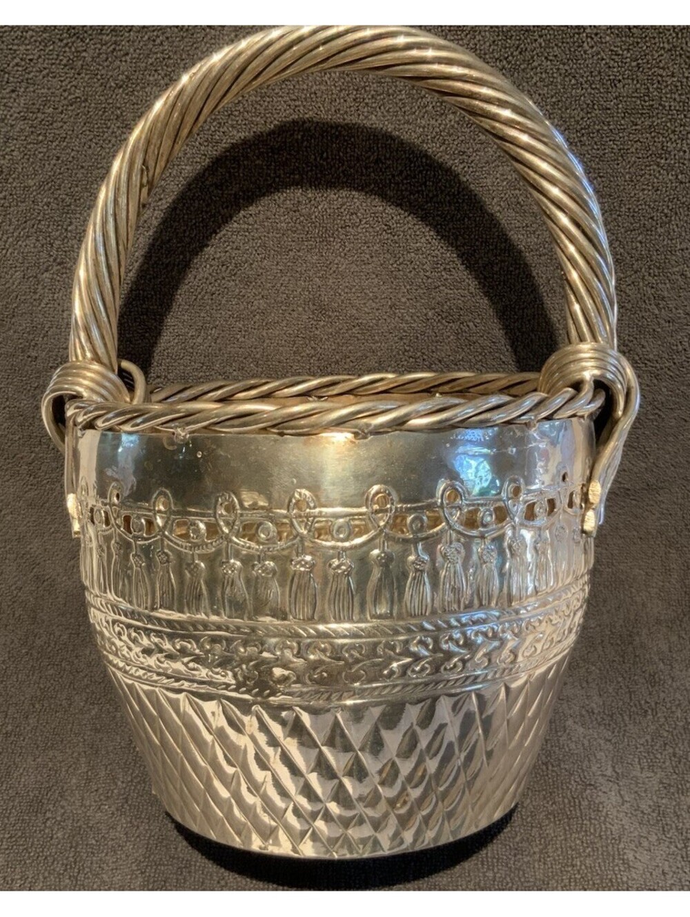 VTG Detailed Heavy Metal/Silver 10.25”H Handmade Basket w/Rope Twist Handle